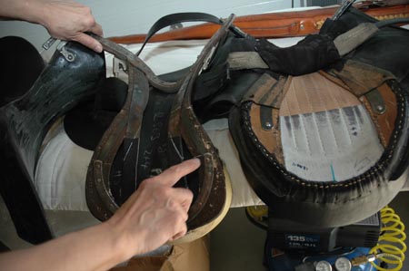 Ava Vettenberg pointing to saddle tree needing repair